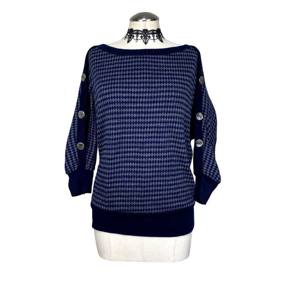 Vtg Grunge Y2K Blue Houndstooth Boat Neck Dolman Sleeve Button Boho Sweater Sz M